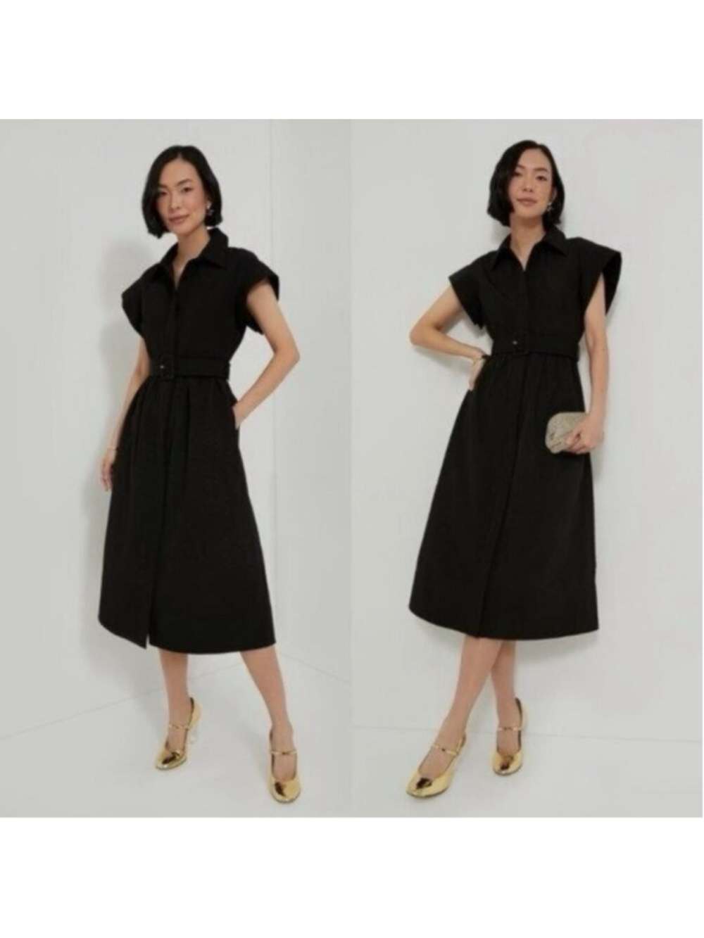 New Tuckernuck Black Chloe Midi Dress XS Belted Collared Moir Classic Formal